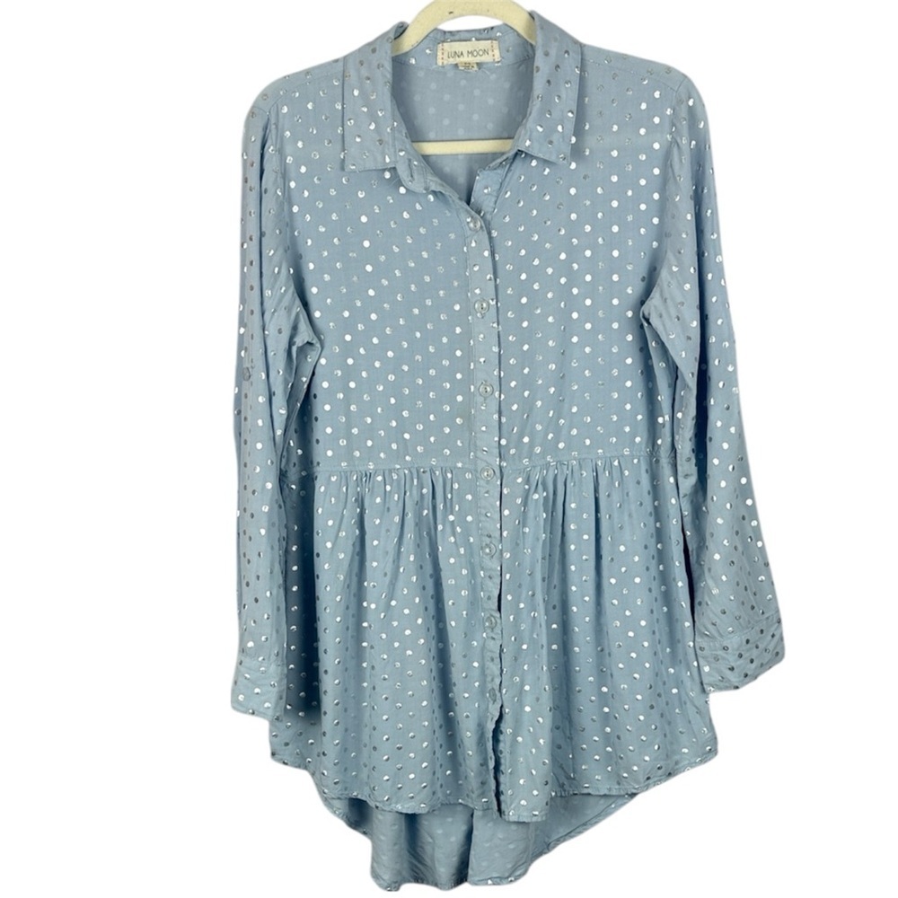 Luna Moon Sky Blue & Silver Metallic Polka Dot Button-Down Peplum Medium Tunic